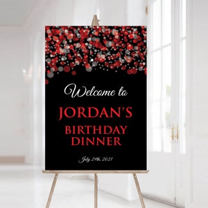 Black and Red Welcome Sign, Red and Silver Welcome Sign, Women's Birthday Sign, Black Red and Silver Welcome Sign, Corjl Template, Corjl