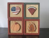 Handmade Holiday Theme Carved Wood Blocks Handmade Fourth of July, Summer, Halloween and Thanksgiving Wood Blocks Summer and Fall Blocks