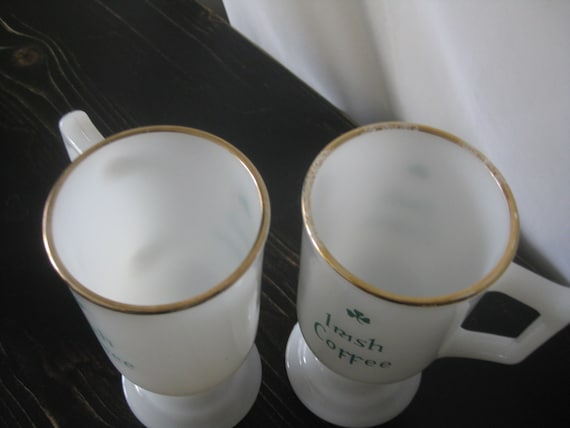 Federal Milk Glass Pedestal Gold Rim w Shamrock Design VTG 2 Irish Coffee Mugs