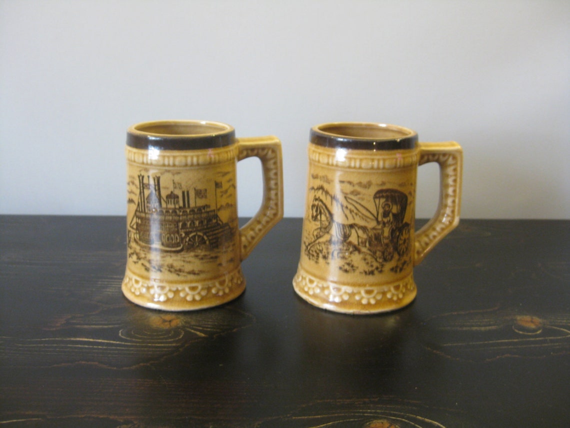 Japanese Stoneware Beer Mugs With Colonial Design / Ceramic Beer