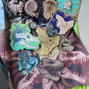 May include: A selection of pins and stickers with diverse designs, such as a dodo bird, ammonite, and trilobite. Some pins display the text "IS THAT A PIN???" and "WHOA!!! IS THAT A PIN???". The items are presented in a box with a dinosaur-themed patterned fabric.