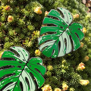 May include: Two green and white enamel pins shaped like monstera leaves. The pins are on a bed of green moss.