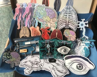 May include: A collection of anatomical stickers and pins, including the human brain, heart, lungs, and skeletal system. Also includes medical tools like a syringe and scalpel. The stickers and pins are in a variety of colors and styles.
