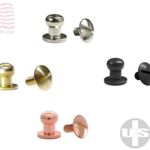 May include: Assortment of six metal screw-on post studs in three finishes: nickel, brass, and copper. Each stud has a round head and a flat base with a slotted screw.