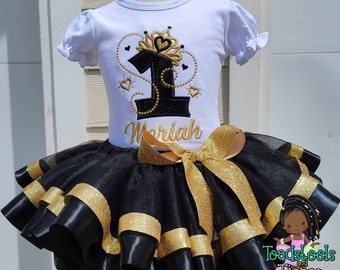 Princess Birthday Outfit, Royal BIrthday Outfit, Crown Birthday Outfit, Gold & Black Tutu Set, Birthday Girl, Any Age