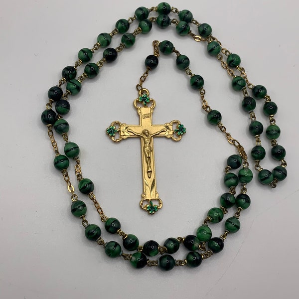 Beautiful Green Glass Beads Vintage Catholic Rosary Chaplet Prayer Beads Irish Clover Celtic