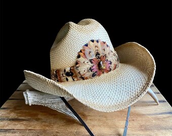 Western feather hatband w/center crown, Tigers Eye accent & leather ties in warm shades of brown and golden beige