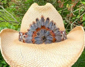 Feather Hat Band for Western Hat W/leather Ties & Genuine