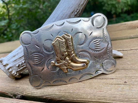 BrimMakers Vintage Justin Belt Co. Nickel Silver Belt Buckle w/Brass Cowboy Boots, Fits 1 1/2 Wide Belt