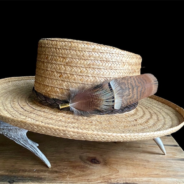 Game bird feather hat pin w/bullet casing & leather back