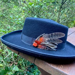Feather hat trim w/magnetic fastener & Red Jasper accent, shades of charcoal gray and red