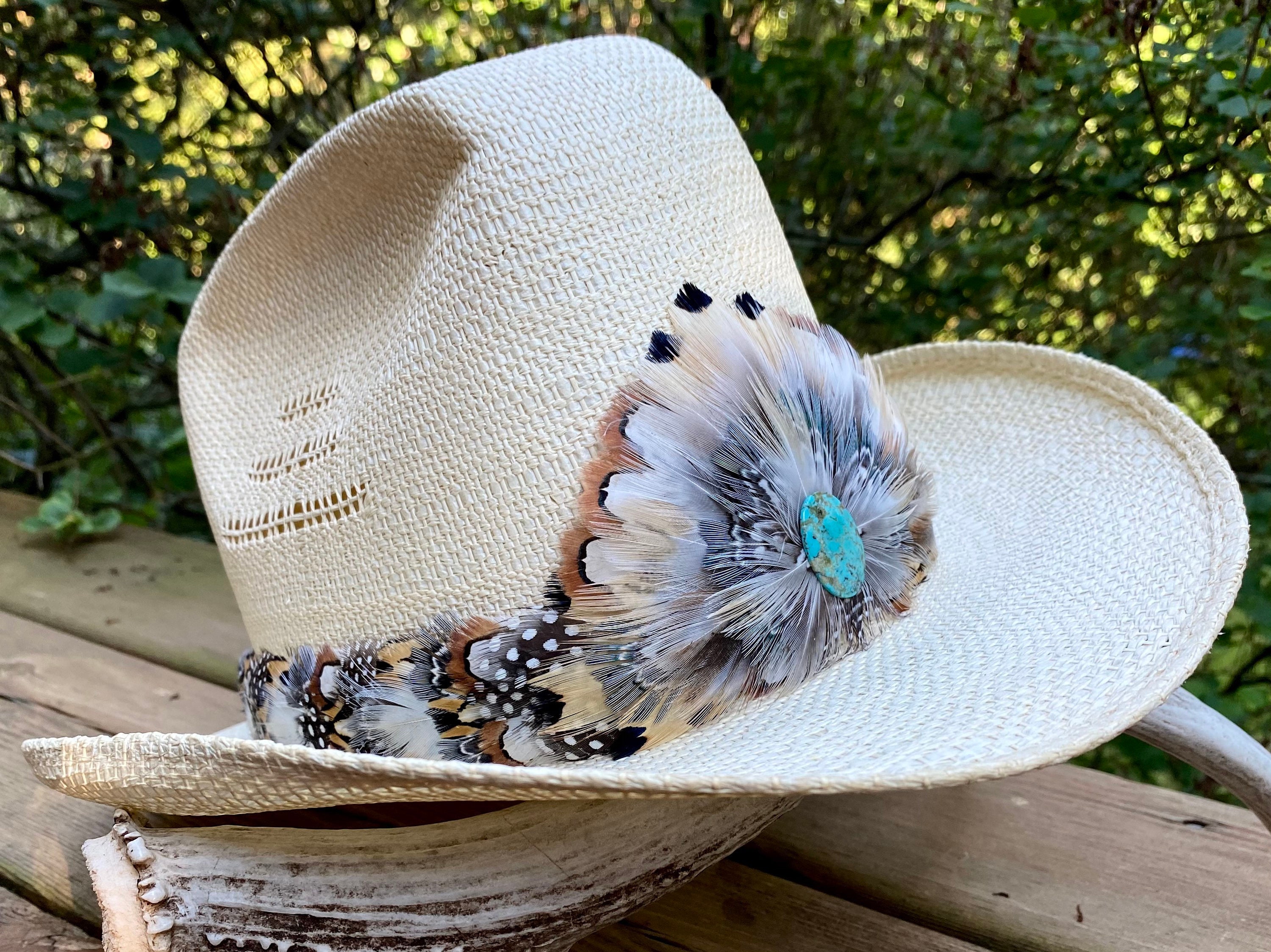 Feather Hat Band for Western hat w/leather ties & genuine Arizona Turquoise  cabochon