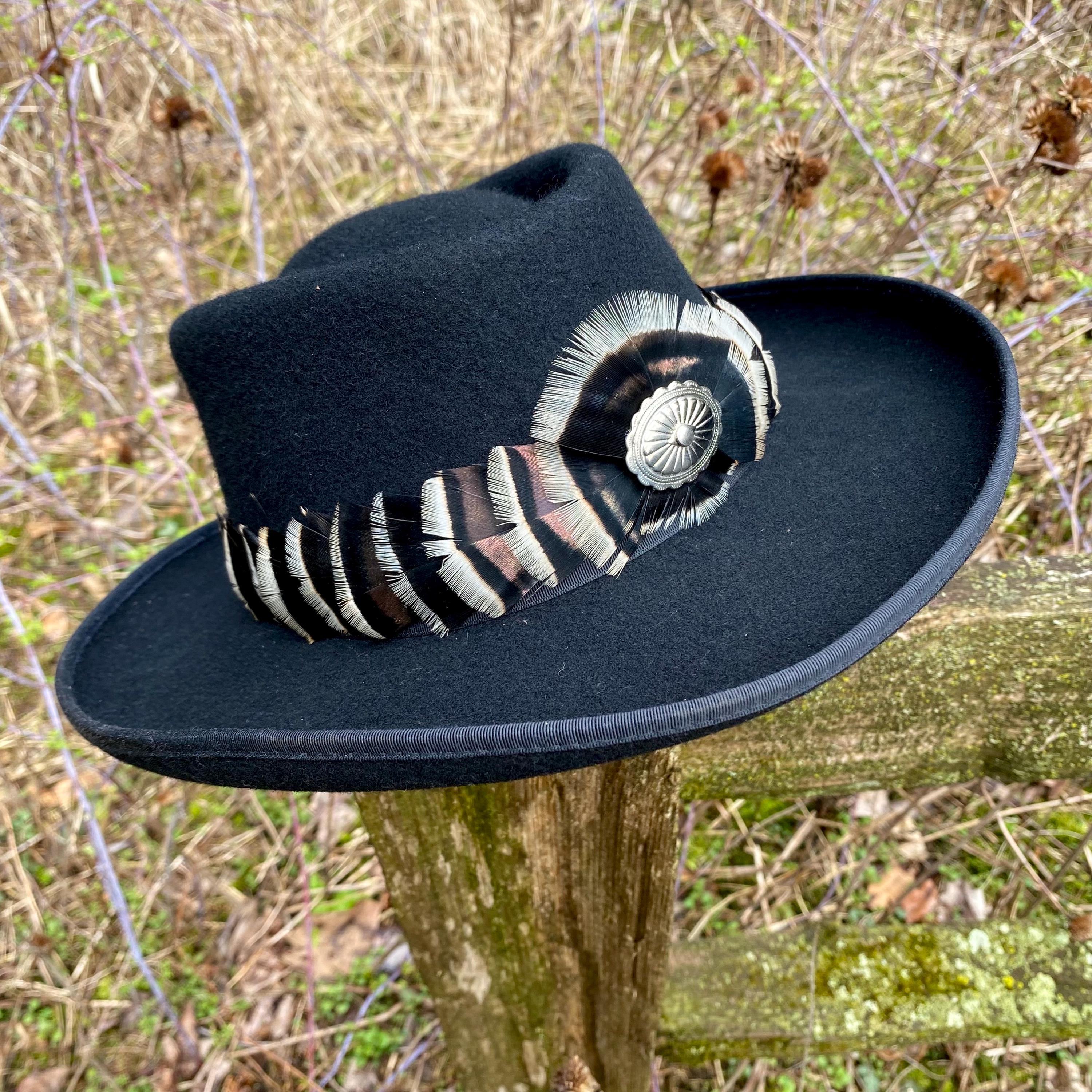 Black Wool Brimmed Hat with Leather Hatband Vintage Concho and Genuine Feathers Laser engraving on wool hat fabric main image 2