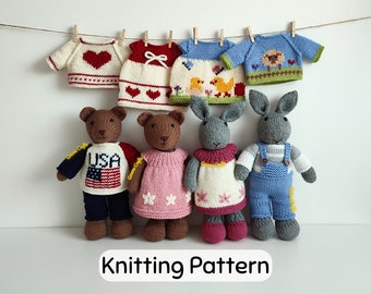 Toy Knitting Pattern Bundle, Teddy Bear and Bunny Knitting Patterns with Clothes, Sweaters, Pants and Dresses for Toys, Downloadable PDF