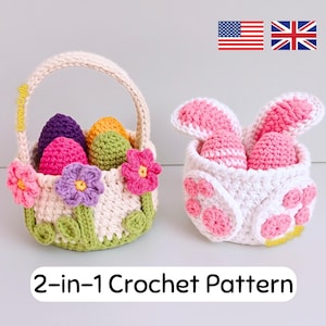 Easter Bunny and Spring Flowers Basket Crochet Pattern, Crochet Egg Holder, Crochet Easter Egg Pattern, Downloadable Basket PDF Pattern