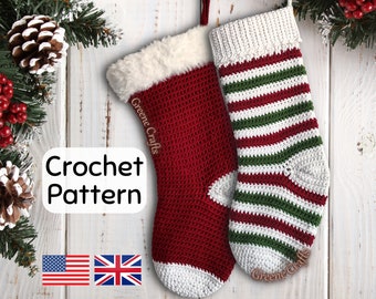 Crochet Christmas Stocking Pattern, Holiday Decor Crochet, Santa's Classic and Candy Cane Stripes Crochet Stocking PDF Pattern