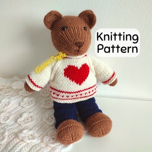 Knit Toy Pattern, Soft Toy Pattern, Valentine&#39;s Day Bear with Clothes, Heart Sweater, Knit Bear Downloadable PDF Knitting Pattern