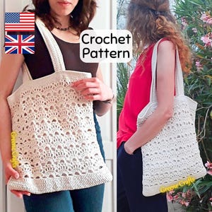 May include: A crochet pattern for a white tote bag with a scalloped design. The pattern is available in both US and UK English.