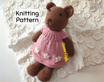 Knit Toy Pattern, DIY Bear Girl Soft Toy Pattern, Downloadable PDF Knitting Pattern, Knit Bear Toy, Baby Bear with Clothes Knitting Pattern