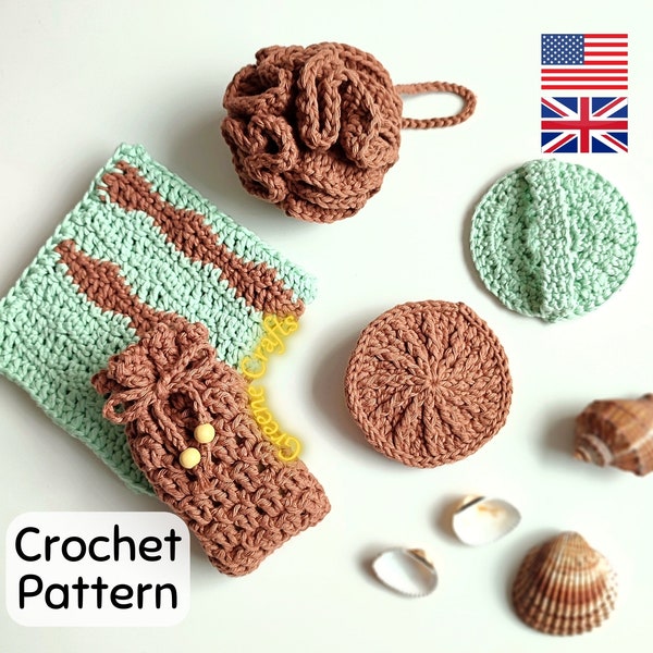 Crochet Spa Set Pattern, Reusable Eco Friendly Face Scrubbies, Soap Saver, Bath Pouf, Washcloth, Crocheted Bathroom Set Pattern, Pattern Set
