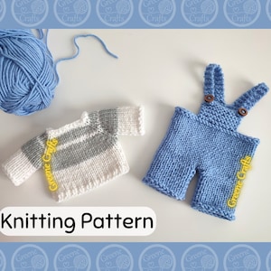 Striped Sweater and Dungarees for Bunny Toy or Teddy Bear, Knit Toy Clothes Pattern, Downloadable PDF Knitting Pattern, 14&quot; Doll Clothes