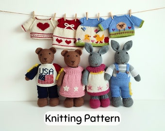 Toy Knitting Pattern Bundle, Teddy Bear and Bunny Knitting Patterns with Clothes, Sweaters, Pants and Dresses for Toys, Downloadable PDF