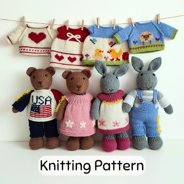 Toy Knitting Pattern Bundle, Teddy Bear and Bunny Knitting Patterns with Clothes, Sweaters, Pants and Dresses for Toys, Downloadable PDF