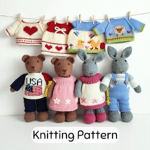 Toy Knitting Pattern Bundle, Teddy Bear and Bunny Knitting Patterns with Clothes, Sweaters, Pants and Dresses for Toys, Downloadable PDF