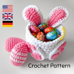 Easter Bunny Basket Crochet Pattern in English and German, Osterhasen-Körbchen und Eier Häkelanleitung für den Frühling, Crochet Egg Holder