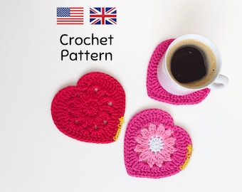 Crochet Pattern: Valentine’s Day Heart Coaster with Flower Motif (Downloadable PDF)