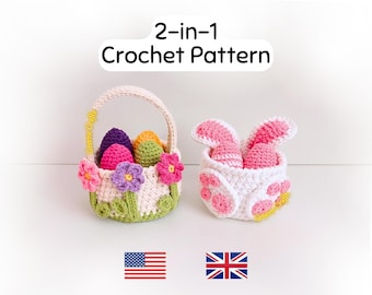 Crochet Pattern Bundle: 2 Baskets & Eggs (Spring Flowers and Easter Bunny) - Downloadable PDF