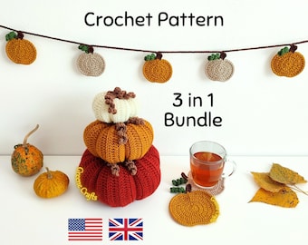 Crochet Pumpkin Pattern Bundle: Centerpiece, Coaster & Garland (PDF Download)