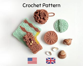 Crochet Pattern: Spa Set (4 Pieces) – Face Scrubbie, Soap Saver, Bath Pouf & Washcloth
