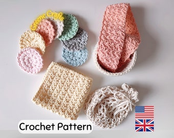 Crochet Spa Set Pattern, Reusable Eco Friendly Face Scrubbies, Basket, Laundry Bag, Washcloth and Headband, Crocheted Bathroom Set Pattern