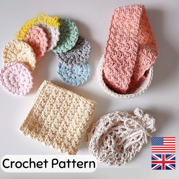 Crochet Spa Set Pattern, Reusable Eco Friendly Face Scrubbies, Basket, Laundry Bag, Washcloth and Headband, Crocheted Bathroom Set Pattern