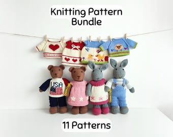 Knitting Pattern Bundle: Bunny, Teddy Bear and Clothes – 11 Patterns (Toys, Sweaters, Pants & Dresses)