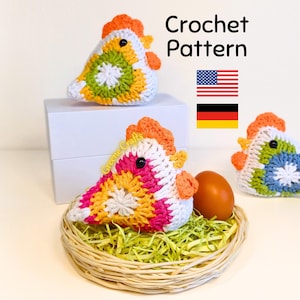 Crochet Pattern: Granny Square Chicken - Rustic Hen Crochet Decor (Downloadable English and German PDF)