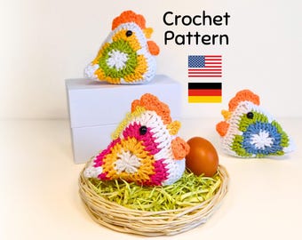 Crochet Pattern: Granny Square Chicken - Rustic Hen Crochet Decor (Downloadable English and German PDF)