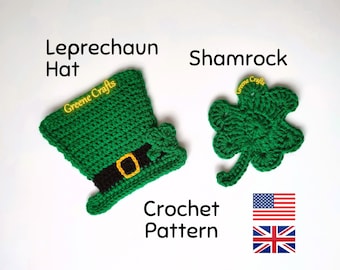 Saint Patrick's Day Coaster Set Crochet Pattern, Shamrock Coaster, Leprechaun Hat Coaster, Clover Pin, Crochet Garland, Crochet Shamrock Pin