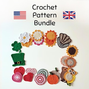 Crochet Pattern Bundle: 13 Coaster Designs – Flowers, Hearts, Owl, Sun, Shamrock, Pumpkin & More