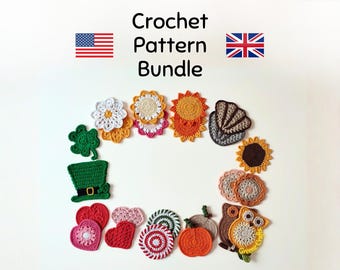 Crochet Pattern Bundle: 13 Coaster Designs – Flowers, Hearts, Owl, Sun, Shamrock, Pumpkin & More