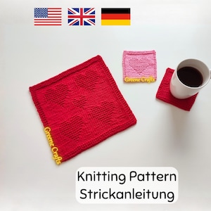 Strickanleitung: Herz Untersetzer & Herz Waschlappen oder Spültuch für Anfänger (Deutsch und Englisch)