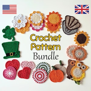 Crochet Coaster Pattern MEGA Bundle: Crochet Flower Coasters, Crochet Heart Coasters, Crochet Owl Coaster, Crochet Sun Coaster, PDF Patterns