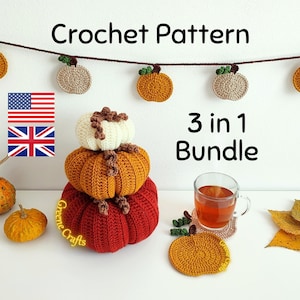 Fall Crochet Pattern Bundle: Pumpkin Centerpiece, Pumpkin Coaster and Pumpkin Garland, Halloween Crochet Pumpkin Stack, Rustic Thanksgiving