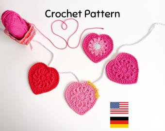 Crochet Pattern: Valentine’s Day Heart Garland (Downloadable English and German PDF)