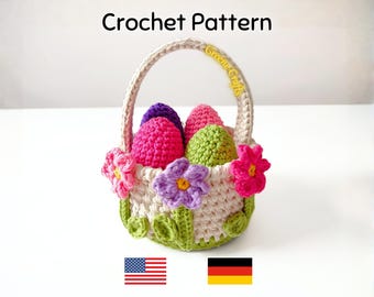 Crochet Pattern: Spring Flowers Basket & Eggs – Easter Crochet Project (English and German PDF)