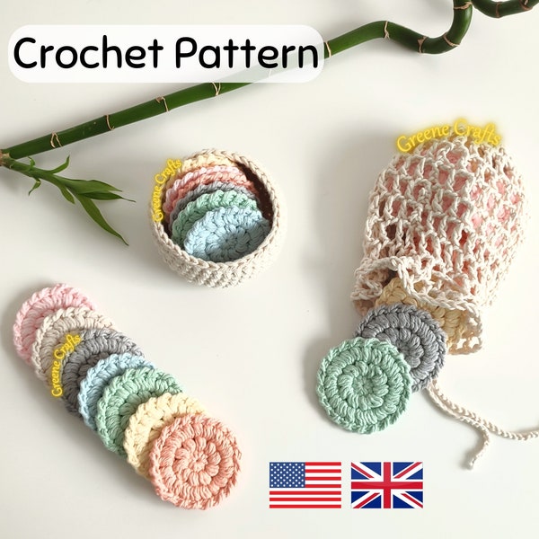 Crochet Face Scrubbies Pattern, Crochet Storage Basket, Spa Set Pattern, Crochet Laundry Bag Pattern, Bathroom Set Pattern, Mesh Bag Pattern