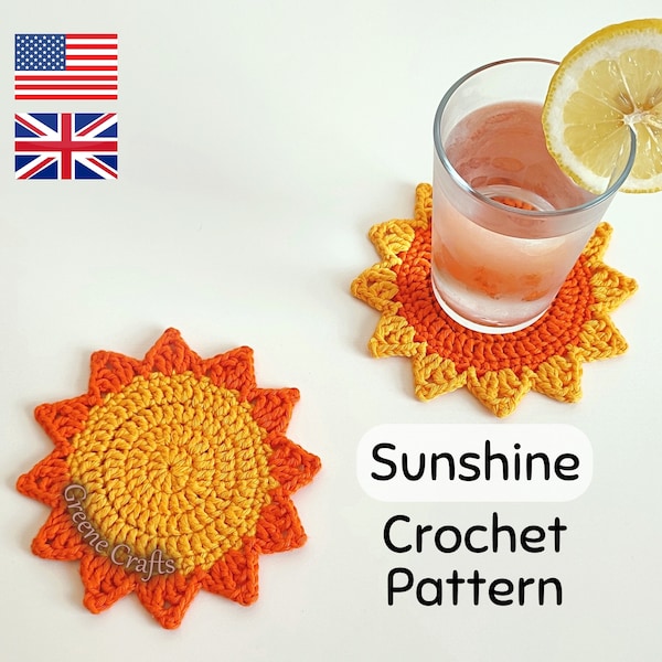 Sun Crochet Coaster PDF Pattern, Summer Coasters, Sunshine Coaster, Sun Crochet Applique, Crochet Sun Pattern, Quick and Easy Summer Project