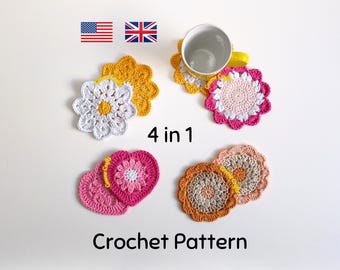 Crochet Coaster Pattern Set: Flowers & Heart (PDF Pattern)