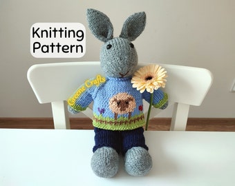 Knit Toy Pattern, Easter Bunny Doll with Clothes, Knit Toy Pattern, Bunny Boy Soft Toy Pattern Downloadable PDF Knitting Pattern for Spring